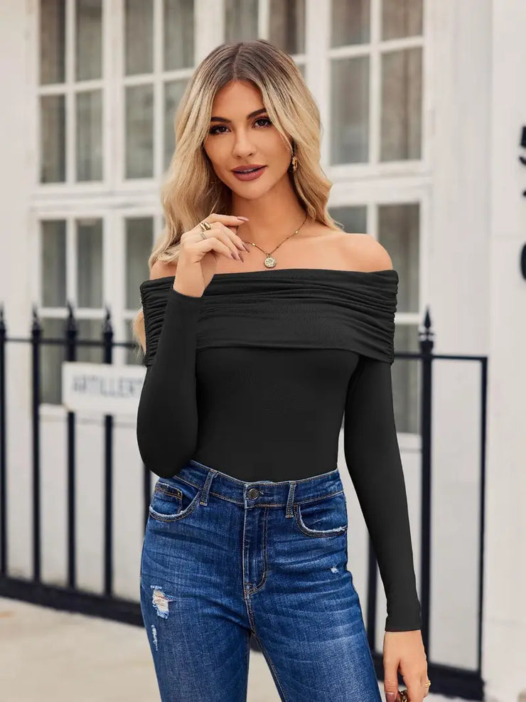 Women Off Shoulder Black Long Sleeves Top